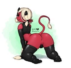 anus armwear artist_name black_armwear black_clothing black_elbow_gloves black_gloves black_handwear black_horn black_legwear black_shirt black_tank_top black_thigh_highs black_topwear braided_hair braided_ponytail bulge bulge_from_behind clothing cream_hair demon demon_humanoid ear_piercing ear_ring elbow_gloves eyeshadow femboy gloves hair handwear horn humanoid junno_(cri) kneeling legwear lonely_cri looking_at_viewer looking_back looking_back_at_viewer makeup male perineum piercing pointy_ears ponytail presenting presenting_anus raised_tail red_body red_skin red_tail ring_piercing shirt simple_background solo tail tank_top text thigh_highs topwear