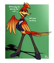 avian banjo-kazooie bird bottomless bow_tie breegull clothed clothing dialogue english_text female feral footwear genitals hi_res high_heels kazooie legwear rareware rasenxoru semi-anthro shoes solo suit text thigh_highs toony topwear vest vulva