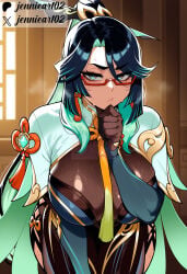 1girl ai_generated alternate_breast_size aqua_eyes aqua_hair black_hair blush bodystocking breasts capelet clothing colored_inner_hair earrings eyewear female genshin_impact glasses gloves green_eyes green_hair hair_ornament hand_on_own_chin jennieart02 jewelry large_breasts leaning_forward long_hair long_sleeves looking_at_viewer makeup multicolored_hair parted_bangs patreon patreon_logo patreon_username red-framed_eyewear semi-rimless_eyewear solo sweat tassel tassel_earrings tassel_hair_ornament thighs twitter twitter_username two-tone_hair very_long_hair vision_(genshin_impact) watermark web_address xianyun_(genshin_impact)