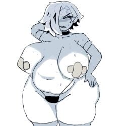1girl 1girls bandaids_on_nipples belly chubby chubby_female dizzyspells fanart female female_only large_breasts sharp_teeth short_hair sweat teacher teacher_(dizzyspells) thigh_highs
