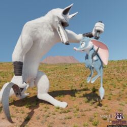 3d_(artwork) absurd_res animal_genitalia anthro arm_wrapping arm_wraps balls bandicoot big_ear bilby bilby_(dreamworks) black_nose black_sclera blender_(artwork) blender_cycles_(artwork) blue_body blue_fur canid canine canine_genitalia canis crossover dangling dangling_legs death_(puss_in_boots) desert digital_media_(artwork) dreamworks dual_wielding duo english_text eye_contact facial_markings floppy_ears fluffy frown fully_sheathed fur fuzzy genitals grass grin head_markings hi_res holding_object holding_weapon larrikins long_ears looking_at_another male male/male mammal markings marsupial mask_(marking) nervous nude outback outside penis penis_tip perry_(bilby) pink_nose plant puss_in_boots_(franchise) rasterraccoon red_eyes retracted_sheath sheath sickle size_difference smile standing tail text watermark weapon whiskers white_body white_fur wolf wrapped_arms wraps