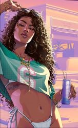 bikini curly_hair dark-skinned_female dark_hair energy_drink female_only fit_female grand_theft_auto grand_theft_auto_vi latina midriff tattoo unnamed_character