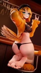1girls ass_focus blonde_hair blue_eyes dokibird feet_focus indie_virtual_youtuber looking_at_viewer pippersad tail_feathers toe_ring