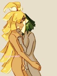 ass ass_grab cookie_run cookie_run_ovenbreak flat_tofu_cookie gay gim_cookie green_eyes green_hair grey_skin hidden_face hugging_another long_hair male male/male male_only nuzzling rubbing rubbing_penis short_hair standing worried_expression yellow_hair yellow_skin