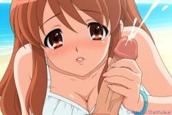 1boy 1boy1girl 1girls ai_generated bracelet breasts cum day dress ejaculation erection handjob jewelry lips looking_at_viewer male ocean outdoors parted_lips penis pov projectile_cum straight veins water