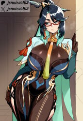 1girl ai_generated alternate_breast_size aqua_eyes aqua_hair bangs black_hair blue_hair bodystocking breasts capelet clothing colored_inner_hair covered_navel cowboy_shot dress earrings eyewear female genshin_impact glasses gloves green_hair hair_ornament hand_on_wall hip_vent jennieart02 jewelry large_breasts long_hair long_sleeves looking_to_the_side multicolored_hair patreon patreon_logo patreon_username red-framed_eyewear semi-rimless_eyewear solo sweat tassel tassel_earrings tassel_hair_ornament thighs twitter twitter_username two-tone_hair very_long_hair vision_(genshin_impact) watermark xianyun_(genshin_impact)