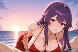 1boy 1boy1girl 1girls ai_generated bracelet breasts cum day dress ejaculation erection handjob hercule_barton jewelry lips looking_at_viewer male ocean outdoors parted_lips penis pov projectile_cum straight tantei_opera_milky_holmes veins water