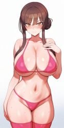 1girl ai_generated cleavage groin huge_breasts mature_female mole_under_eye navel pink_bikini pink_thighhighs posing simple_background standing