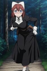 ai_generated blue_eyes breast_grab fully_clothed glasses hand_on_own_breast leaning_forward long_hair megane nun nun_outfit red_hair tagme_(character) the_warrior_princess_and_the_barbaric_king