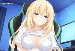 1girl ai_generated anime anime_style artist_name blonde_hair blue_eyes blush bra braid breasts chair cleavage clothes_lift cpu_(neptunia) fanbox_username french_braid green_heart_(neptunia) hair_between_eyes hentai hi_res hyperdimension_neptunia indoors large_breasts long_hair looking_at_viewer mystic_maidens neptunia_(series) patreon patreon_username power_symbol shirt shirt_lift short_sleeves sitting smile solo underwear upper_body vert vert_(neptunia) white_bra white_shirt