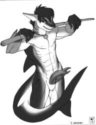 2015 2_penises abs animal_genitalia animal_penis anthro aquatic bracelet cue_stick dorsal_fin erection fin fish genital_slit genitals gills hair hemipenes jewelry looking_at_viewer male max_blackrabbit multi_genitalia multi_penis muscular penis shark smile solo standing tail tapering_penis