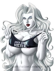 1girls big_breasts breasts chaos_comics clothes_writing female female_only lady_death lipstick long_fingernails red_lipstick solo tank_top thedarkness white_hair white_skin