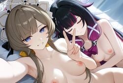2girls ai_generated bed blue_eyes brown_hair columbina_(genshin_impact) genshin_impact lies purple_hair sandrone_(genshin_impact) selfie shineinsfw smile wet