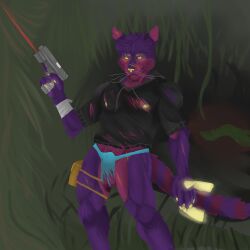 1:1 anthro balls bandage casualties:_unknown clothing damaged_clothing felinferno genitals glowing gun gunsaw gunsawian hi_res hoodie male nipples purple_body ranged_weapon solo tail topwear underwear voyager_(gunsawian) weapon