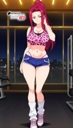 ai_art ai_generated blue_shorts boosterred99 crop_top curvy food_wars full_body gym hips indoors legs, leopard_print lights long_hair loose_socks naughty_face neon night pink_leopard_print red_eyes red_hair sakaki_ryouko shokugeki_no_souma shotts sneakers stable_diffusion thong visible_thong wide