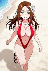 1girls ai_generated beach breasts female female_only green_eyes large_breasts pale-skinned_female pale_skin pink_lipstick slingshot_swimsuit toziuha_night_order_of_the_alchemists