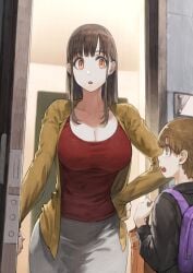 1boy 1girl age_difference big_ass big_breasts brown_hair cleavage jacket navigavi pale-skinned_female pale_skin red_shirt size_difference wide_hips