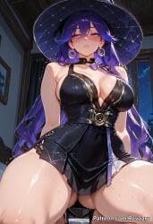 1girl ai_generated big_breasts female lucilla_(wuthering_waves) mature_female purple_hair revoaru thick_thighs thighs witch witch_hat wuthering_waves