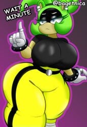 1girl anthro ass_focus baggen683 big_ass big_breasts black_mask curvy explicit fanart female from_behind green_hair lewd looking_at_viewer nsfw solo sonic_the_hedgehog surge_the_tenrec thicc thick_thighs wide_hips yellow_body