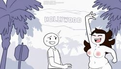 1boy 1girl arm_up artist_self-insert belly blush breasts brown_hair closed_eyes completely_nude english_text fat female freckles huge_breasts jaiden jaiden_(jaiden_animations) jaiden_animations jaidenanimations large_breasts limited_palette long_hair male medium_breasts navel nipples nude open_mouth outdoors palm_tree pine_tree plump public_indecency sexy sexy_pose shirt smile steca sweat sweatdrop teeth thelazyart topless tree waving youtube youtuber youtuber_character youtuber_girl youtubers