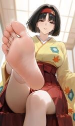 1girl 1girls bare_feet bare_legs bare_thighs barefoot black_hair brown_eyes curvy curvy_figure erika_(pokemon) feet foot foot_fetish foot_focus foot_play kimono kimono_pull leaf_clothing leaf_pattern leaf_print leaves looking_at_viewer looking_down looking_down_at_viewer milf pokemon pokemon_frlg pokemon_rgby pov red_headband red_headwear red_kimono sole_female soles soles_feet soles_fetish soles_focus soles_up solo solo_female solo_focus thighs toes yellow_kimono