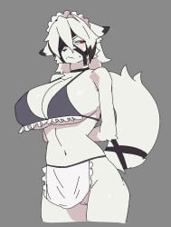 2026 anthro big_breasts biped blush breasts buta99 canid canine canis clothed clothed_anthro clothed_female clothing crossgender digital_drawing_(artwork) digital_media_(artwork) female front_view fur genitals grey_body grey_fur grey_hair hair hi_res huge_breasts kemono low-angle_view mammal mihoyo mtf_crossgender navel nipple_outline solo standing tail thiren under_boob von_lycaon vulva wolf zenless_zone_zero