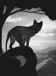 anus butt canid canine collar covering covering_crotch covering_vulva digital_drawing_(artwork) digital_media_(artwork) digitigrade eeeevio female female_feral feral fox fur genitals greyscale hi_res hybrid landscape mammal monochrome pouch_(anatomy) quadruped sekhmetha silver_(metal) solo standing