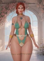 1girls ai_generated archway armlet circlet cleavage eyelashes eyeshadow fantasy female female_only floral_background ginger_hair gold_trim hair_strand hourglass_figure inner_sideboob large_breasts light-skinned_female lipstick looking_at_viewer mage mature_female neck_ring necklace nipple_bulge one-piece rgomez007 seductive_look self_upload semirealistic sideboob slight_smile solo_female stable_diffusion standing teal_eyes the_witcher_(series) thick_lips thick_thighs thighlet tied_hair triss_merigold voluptuous wide_hips