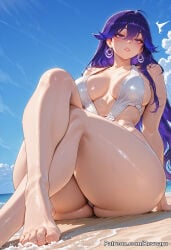 1girl ai_generated big_breasts bikini female lucilla_(wuthering_waves) mature_female purple_hair revoaru thick_thighs thighs wuthering_waves