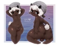 animal_humanoid anus artist_name backsack balls beanie bedroom_eyes big_butt black_horn bovid bovid_humanoid brown_body brown_glans brown_skin butt caprine caprine_humanoid clothing cub curly_hair dark_anus dark_body dark_skin ear_piercing ear_ring feet femboy fluffy fluffy_tail genitals glans grey_beanie grey_clothing grey_hat grey_headwear hair hat hat_only headgear headgear_only headwear headwear_only heart_symbol horn humanoid humanoid_feet kneeling lonely_cri looking_at_viewer looking_back looking_back_at_viewer male mammal mammal_humanoid mostly_nude narrowed_eyes navel nipples pattern_background penis piercing plantigrade presenting presenting_anus ring_piercing seductive sheep_ears sheep_humanoid simple_background small_penis smile smiling_at_viewer solo standing tail text thick_thighs white_hair white_tail wide_hips