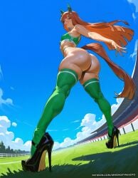 1girl ai_generated animal_ears black_footwear blue_sky blunt_bangs buruma cloud cloudy_sky day ear_covers foreshortening from_behind from_below full_body grass green_eyes green_thighhighs hairband high_heels highleg hime_cut horse_girl horse_tail huge_ass long_hair looking_at_viewer looking_back mnemosynekoto orange_hair outdoors patreon_username shiny_skin shoes silence_suzuka_(umamusume) skindentation small_breasts smile sports_bra standing sweat thick_thighs thong twisted_torso umamusume umamusume_pretty_derby web_address