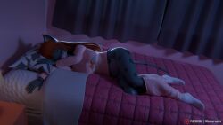 16:9 3d_(artwork) anthro bed bedroom bottomwear bottomwear_down clothed clothing digital_media_(artwork) felid female furniture hi_res mammal momo_(monarquis) monarquis no_underwear pantherine pants pants_down partially_clothed sleeping snow_leopard solo widescreen