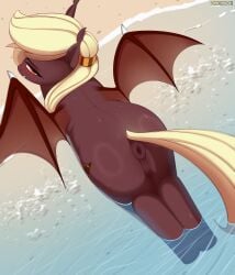 2024 absurd_res animal_genitalia animal_vulva anus bat_pony beach blonde_hair blush blush_lines bodily_fluids brown_anus brown_body brown_skin brown_vulva brown_wings butt day ear_tuft equid equine equine_anus equine_genitalia equine_vulva fan_character female feral genitals glistening glistening_butt hair hasbro hi_res high-angle_view hooves horse long_hair looking_back mammal membrane_(anatomy) membranous_wings my_little_pony nording outside partially_submerged pony ponytail puffy_anus rear_view scarlet_sangria sea smile snout solo sweat sweaty_body sweaty_butt sweaty_legs tail tuft vulva water wings yellow_eyes yellow_tail