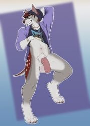 ajna anthro balls beanie big_penis bottomless bottomless_male brown_eyes butt clothed clothing clothing_lift ear_piercing eyewear foreskin fur genitals glasses grey_body grey_fur hair hat headgear headwear hi_res industrial_piercing male mammal penis piercing presenting presenting_hindquarters presenting_penis red_body red_fur red_hair red_nose shirt shirt_lift tail topwear white_body white_fur