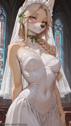 1girl ade_(nikke) ai_generated animal_ears blonde_hair blush body_fur braid breasts bridal_veil choker church cleavage covered_navel decurse dress furry furry_female goddess_of_victory:_nikke green_eyes green_ribbon indoors long_hair looking_at_viewer maid_headdress ribbon smile solo stained_glass two-tone_fur veil wedding_dress white_dress