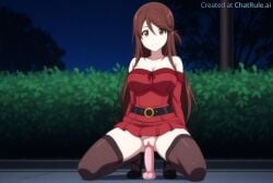 1girls ai_generated bare_shoulders belt blunt_bangs breasts bush cleavage collarbone detached_sleeves dildo dildo_riding dress full_body huge_dildo iida_nana imminent_penetration lipstick long_sleeves looking_at_viewer makeup medium_breasts night no_panties off-shoulder_dress outdoors pleated_dress pussy rail_wars sex_toy shoes smile solo spread_legs strapless strapless_dress thighhighs