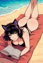 1girl ai_generated animal_ears ass beach beach_towel bikini black_bikini black_hair black_swimsuit blake_belladonna book breasts cat_ears cleavage clothing day eyeshadow faunus feet_up female g-string large_breasts looking_at_viewer lying makeup medium_breasts ocean on_stomach open_book outdoors patreon_username reading rwby sand short_hair smile solo swimsuit the_pose thong thong_bikini towel water yellow_eyes
