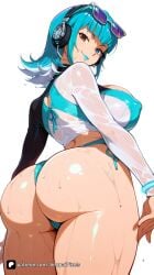 1girl ai_generated artist_name ass bangs bikini blue_eyes blue_hair blunt_bangs breasts brown_eyes covered_nipples eyewear_on_head from_behind headphones heterochromia large_breasts looking_at_viewer looking_back luna_snow luna_snow_(cool_summer) luna_snow_(marvel_rivals) marvel marvel_comics marvel_rivals multicolored_hair patreon questionable see-through senpai_pixels shiny shiny_skin short_hair simple_background smile solo sunglasses swimsuit thick_thighs thighs wet wet_clothes white_background