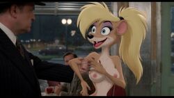 2026 ai_animation ai_generated ai_video angry animated anthro anthro_female begone_thot blonde_hair breasts conversation dialogue diner duo exhibitionism female flirty furry hat human_male male mammal multiple_boys mustelid nipples nude ponytail public_nudity realistic seductive sound suit tagme talking video walking weasel