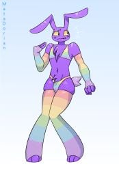1boy armwear bra bulge femboy glitch_productions jax_(the_amazing_digital_circus) lagomorph legwear leporid lgbt_pride lgbt_pride_month male mammal matadorian navel purple_body rabbit solo thighhighs thong underwear yellow_sclera