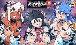 1boy 3girls areolae black_hair blue_hair breasts censored cow_print earrings foursome grabbing_breasts hand_between_breasts hearts large_breasts lucia_(scott_malin) mia_(scott_malin) mole_under_eye nipples paizuri scott_malin stray_(scott_malin) tan-skinned_female tan_skin titjob white_hair