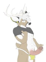 1boy anthro antlers ball_bulge balls ballsack bastion body_fur brown_fur cervine cum deer erection fluffy_tail furry furry_balls gauged_ear huge_cock humanoid_penis jockstrap male male_nipples male_only mammal mnty nipple_piercing nipple_rings penis piercing precum scrotum solo testicles underwear veiny_penis white_countershading yellow_eyes