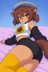 1girl ass ass_focus bed breasts female_focus latam_virtual_youtuber mogambuzz raccoon_ears raccoon_girl raccoon_tail sexy_body sexy_female youtuber_girl