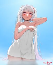 1girl armpit armpits aryze belly_button choker curvy hand_on_head honkai:_star_rail hourglass_figure hourglass_figured_female hoyoverse looking_at_viewer looking_down mihoyo mihoyo_technology_(shanghai)_co._ltd. petite petite_body pink_eyes shiny_skin slim_waist solo solo_female solo_focus thick_thighs towel towel_only twintails water white_hair wide_hips
