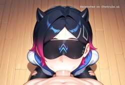 1girl ai_assisted ai_generated balls_deep black_hair blue_eyes deep deepthroat dominated facing_viewer freckles gradient_hair hands_behind_back high_quality highres petite_body pink_hair pov ripped_clothes sitting_on_knees skinny small_breasts small_horns small_tits tiny_tits young
