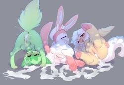 absurd_res anus ass_up avian beak bodily_fluids cum cum_in_vagina cum_inside cum_pooling eeveelution european_mythology excessive_cum excessive_genital_fluids felid feline female female_feral feral follower_number fur generation_6_pokemon generation_9_pokemon genital_fluids genitals greek_mythology green_body green_fur group hi_res hippogriff hooves leaking_cum looking_through_legs_at_viewer lunargent mammal mythological_avian mythological_creature mythology nintendo pawpads pink_body pink_fur pokemon pokemon_(species) smile sprigatito sylveon tail trio vulva white_body white_fur yellow_body yellow_fur