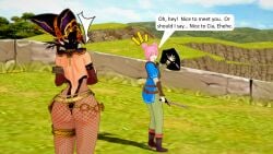 3d ass ass_focus cia_(the_legend_of_zelda) cosplay dark-skinned_female exposed_back exposed_midriff femboy fishnet_legwear fishnet_stockings fishnets gijinka hiderlink20 hourglass_figure hourglass_figured_female hyrule_warriors kirby koikatsu link_(cosplay) master_sword pink_hair shield shocked sling_bikini sling_swimsuit smile sword the_legend_of_zelda waving white_hair wide_hips