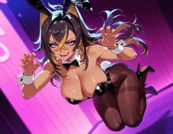 1girl 1girls ai_generated alternate_costume animal_ears balecxi bangs bare_shoulders black_bow black_bowtie black_footwear black_hair black_leotard blonde_hair blue_eyes bow bowtie breasts brown_hair brown_pantyhose bunnysuit claw_pose cleavage clothing crossed_bangs curvaceous curvaceous_female curvaceous_figure curvy curvy_figure dangle_earrings dark-skinned_female dark_skin dehya_(genshin_impact) detached_collar earrings fake_animal_ears fake_tail fangs female female_focus footwear full_body genshin_impact hair_between_eyes hair_ears hair_intakes high_heels highleg highleg_leotard hoyoverse inviting inviting_to_sex jewelry jumping large_breasts legwear leotard long_hair looking_at_viewer mihoyo multicolored_hair nail_polish open_mouth pantyhose playboy_bunny presenting presenting_ass presenting_breasts presenting_hindquarters presenting_self rabbit_ears rabbit_tail red_nails seductive seductive_look seductive_smile shoes smile solo strapless strapless_leotard streaked_hair tail thighband_pantyhose thighs traditional_bowtie two-tone_hair voluptuous voluptuous_female white_wrist_cuffs wrist_cuffs yellow_pupils