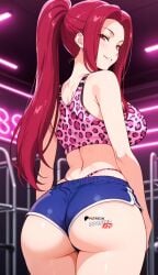 ai_art ai_generated ass ass_focus blue_shorts boosterred99 crop_top curvy food_wars from_behind from_behind_position gym hips indoors leopard_print lights long_hair naughty_face neon night pink_leopard_print red_eyes red_hair sakaki_ryouko shokugeki_no_souma shotts stable_diffusion thong visible_thong wide