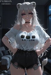 1girl ahoge ai_generated alternate_costume animal_ear_piercing animal_ears artist_name bedroom black_choker black_shorts blurry_background botan_ch. breasts choker cleavage clothes_writing clothing collarbone copyright_name cowboy_shot cutoffs denim denim_shorts ear_piercing eyeshadow female grey_eyes grey_hair grin hair_between_eyes hands_on_own_hips high-waist_shorts hololive hololive_japan indoors jewelry large_breasts lion_ears lion_girl lion_tail long_hair looking_at_viewer loose_shirt makeup necklace night no_bra off_shoulder official_alternate_costume official_alternate_hairstyle piercing see-through see-through_silhouette shirt shirt_tucked_in shishiro_botan short_shorts short_sleeves shorts single_bare_shoulder smile solo standing t-shirt tail teeth thighs torn_clothes torn_shorts vantawaifu virtual_youtuber white_shirt